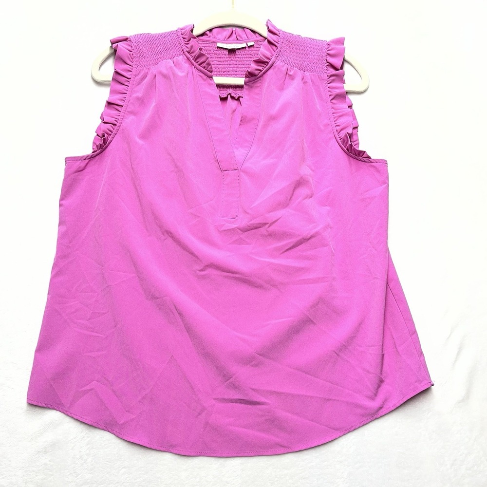 Chico's Smocked Ruffle Blouse Womens 8 Pink Sleeveless Vneck‎ Summer